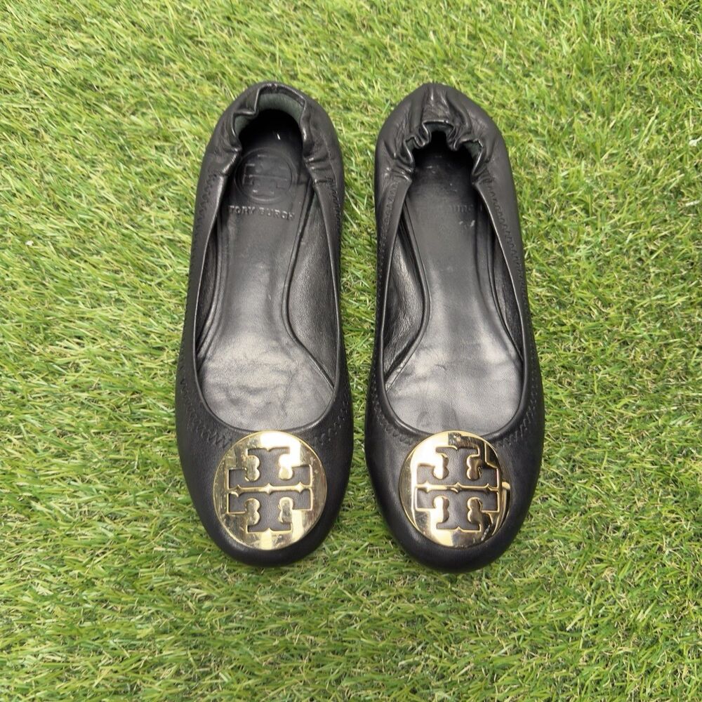 Tory Burch Reva Black Leather Ballet Flats Gold Logo Women’s Size 6M